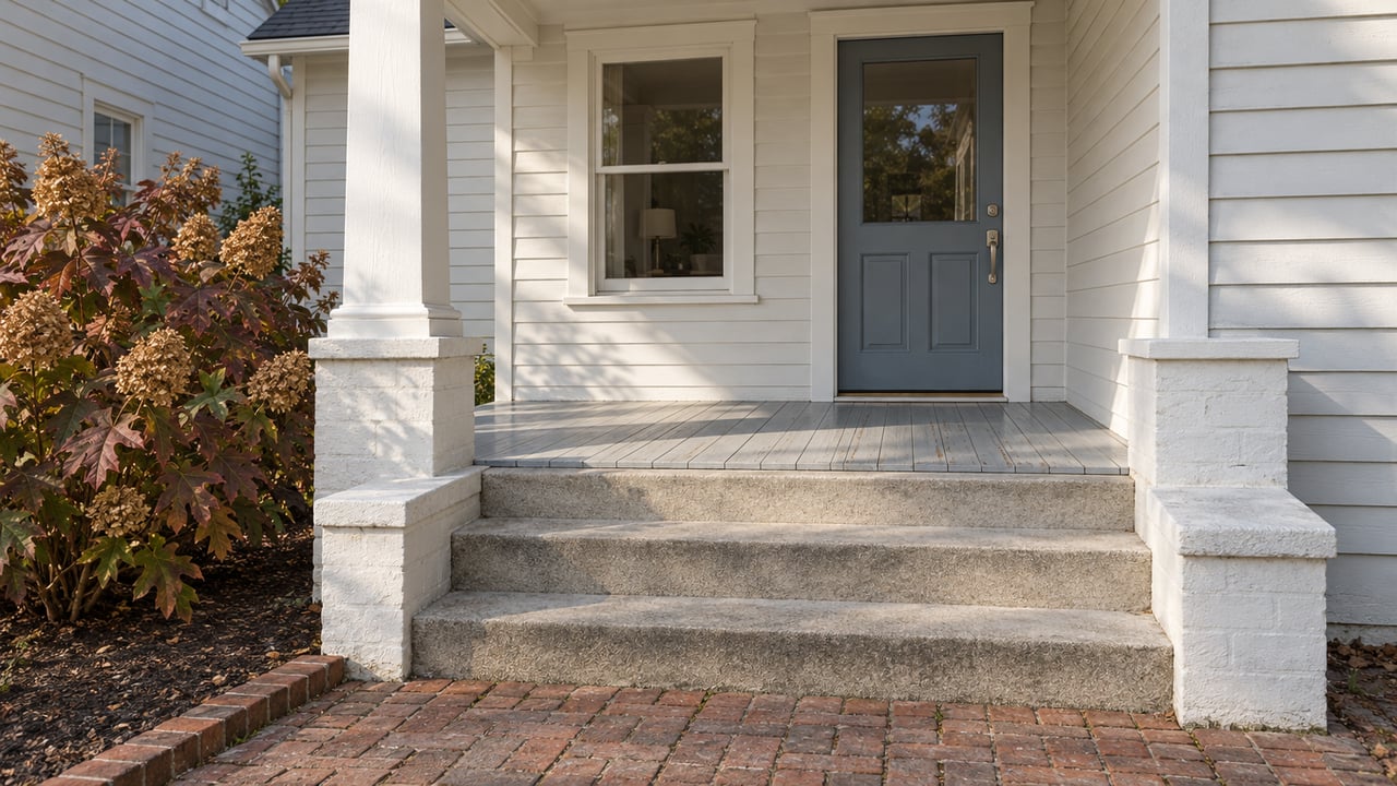 White clapboard home with an elevated covered porch, blue-gray front door, brick approach and oakleaf hydrangea in autumn color.