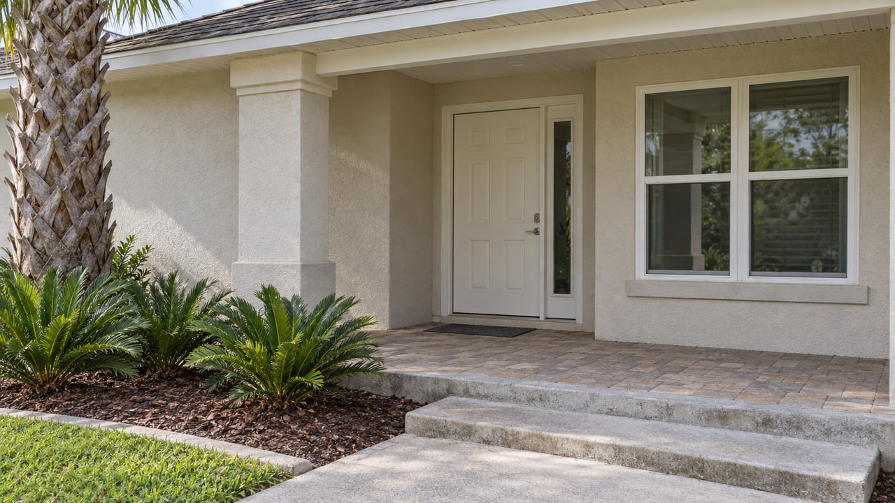 Sunlit stucco home entrance with a recessed white door, paired windows, buff paver porch and carefully spaced coontie plants.