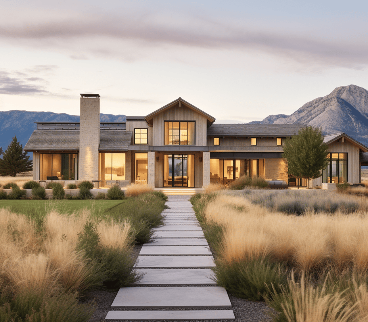 Modern wood-and-stone home with glowing windows, a front path, and mountains behind it.