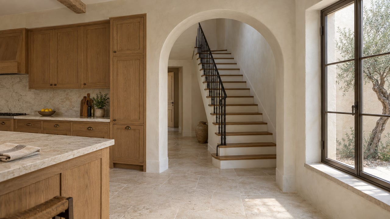Oak kitchen cabinetry beside a plaster arch framing an oak staircase, with a courtyard olive tree beyond the window.