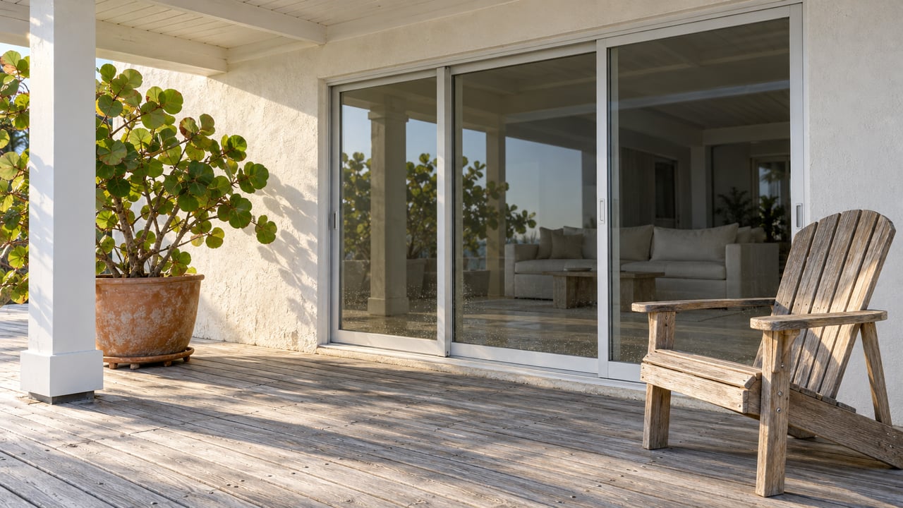 Sunlit covered veranda with weathered timber decking, a teak Adirondack chair and closed glass doors in a white stucco home.