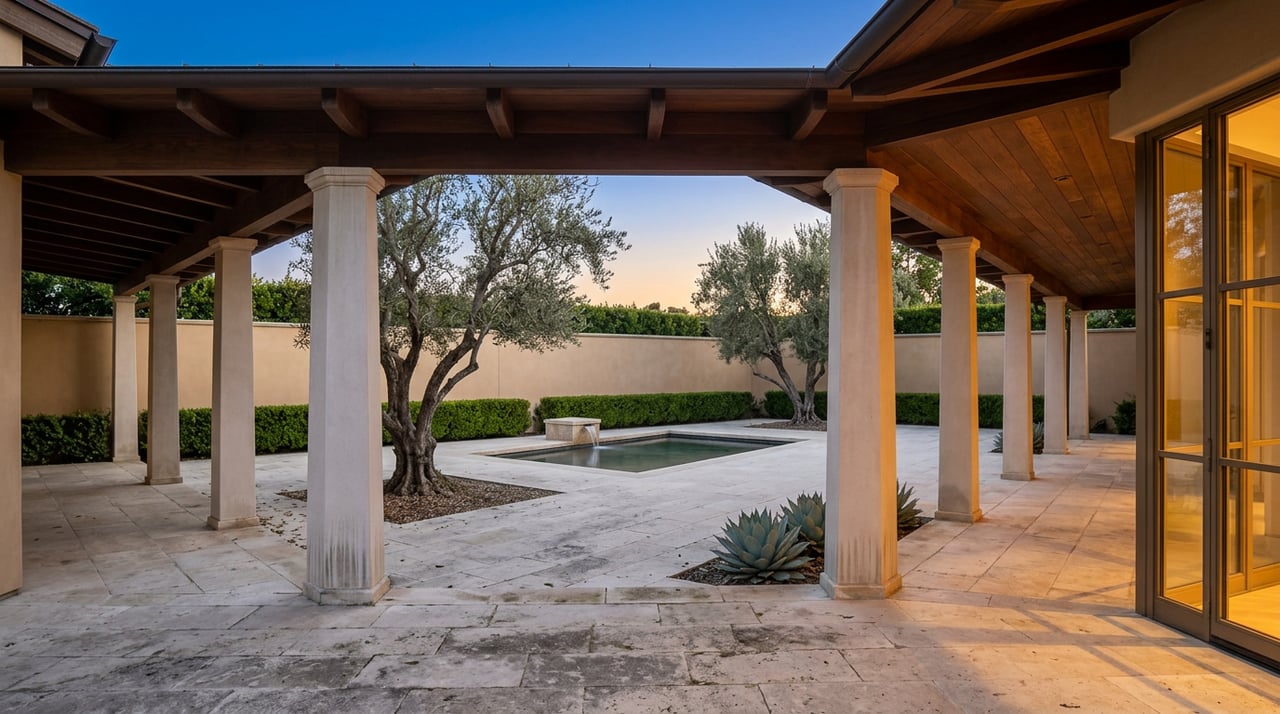 Stone-columned loggia overlooking a courtyard reflecting pool, olive trees, and clipped hedges at dusk.