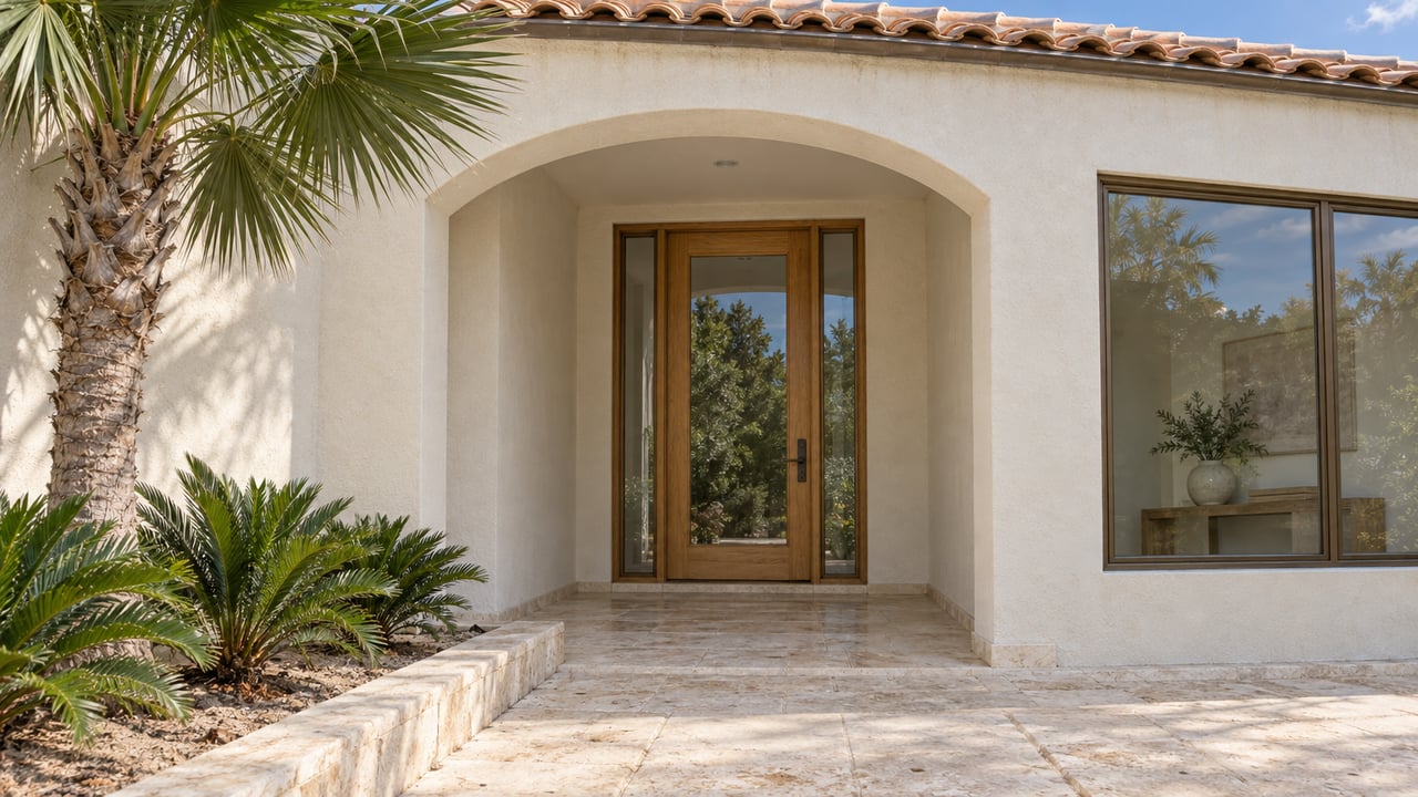 Ivory stucco home entrance with a terracotta roof edge, glazed oak door, pale stone approach and a fan palm beside three coonties.