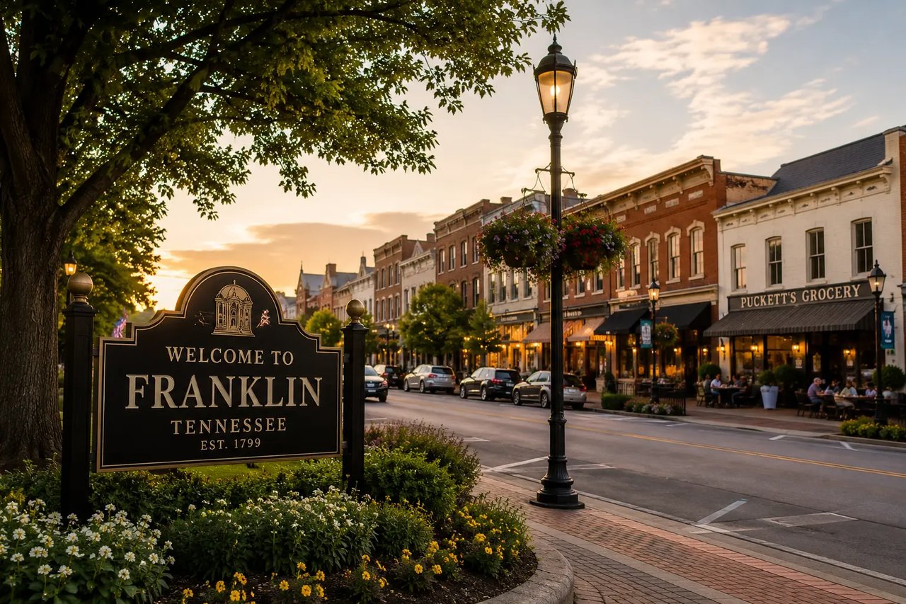 Beautiful custom home in Franklin, Tennessee with manicured landscaping, representing homes for sale in one of Middle Tennessee's most desirable communities.