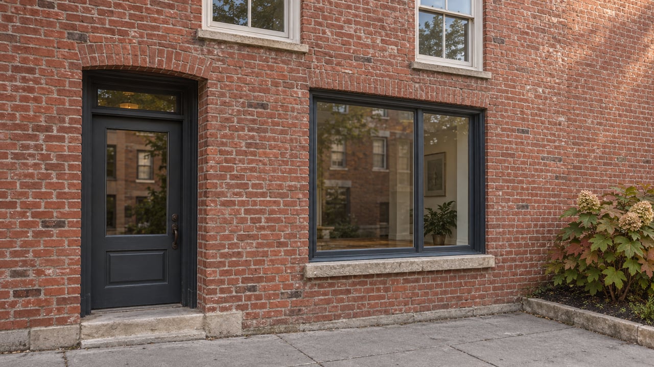Weathered red brick building with ivory upper windows, a charcoal glazed entrance, limestone step and oakleaf hydrangea beside the sidewalk.