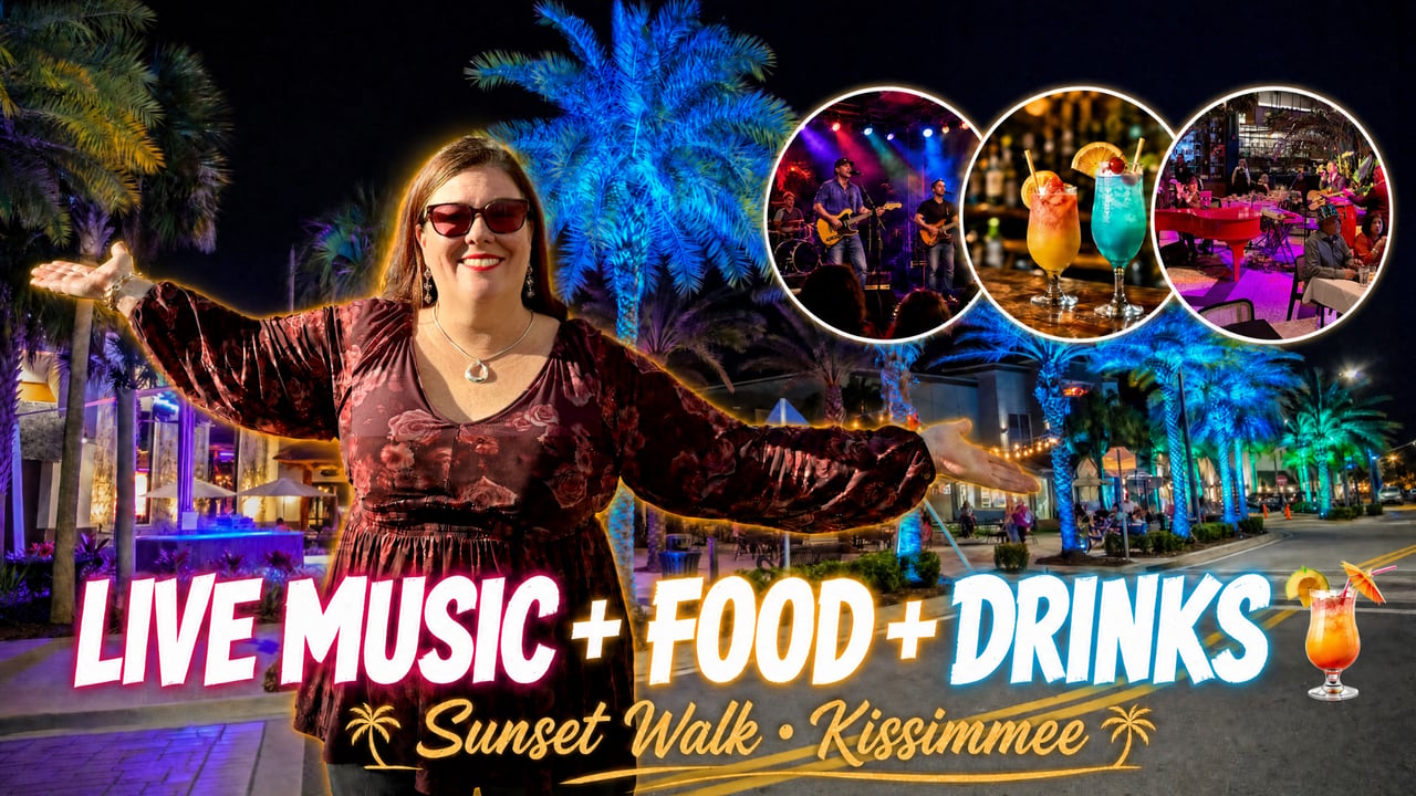 Sunset Walk nightlife promotion featuring a woman, live music, cocktails, and dining.