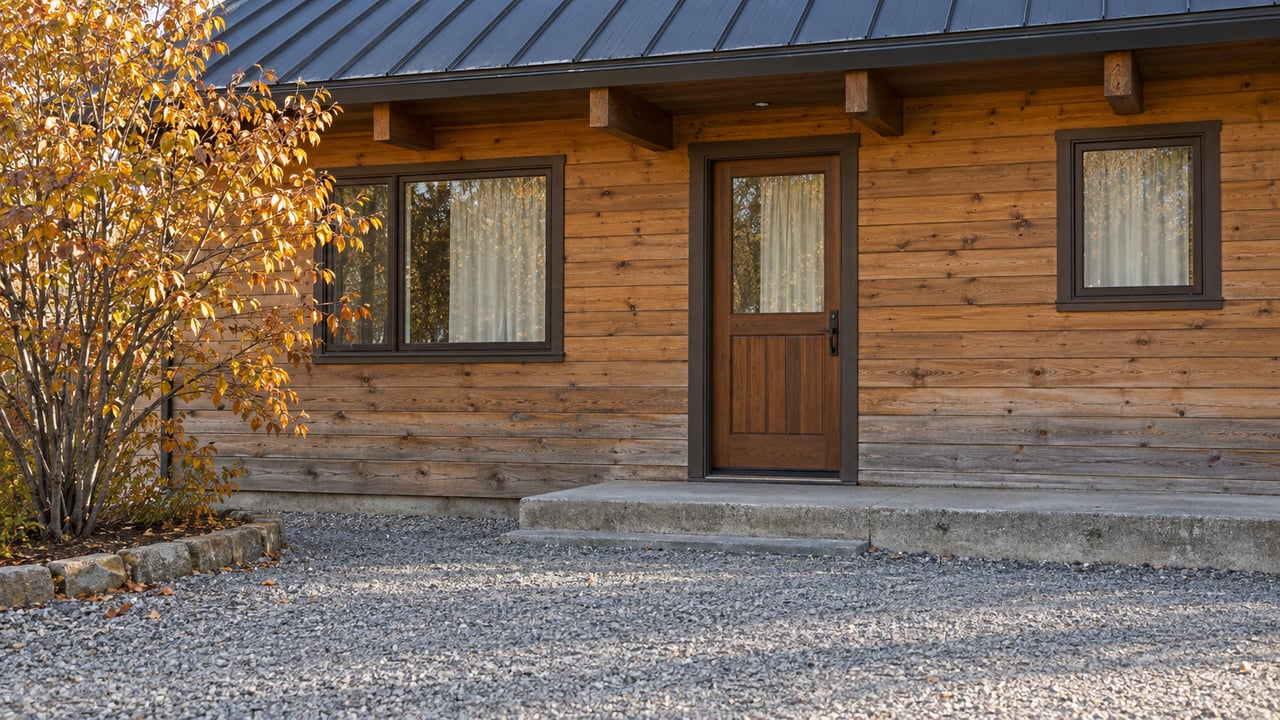 Morning light on a timber-sided home with a concrete entry step, gravel side yard and copper-yellow serviceberry leaves.