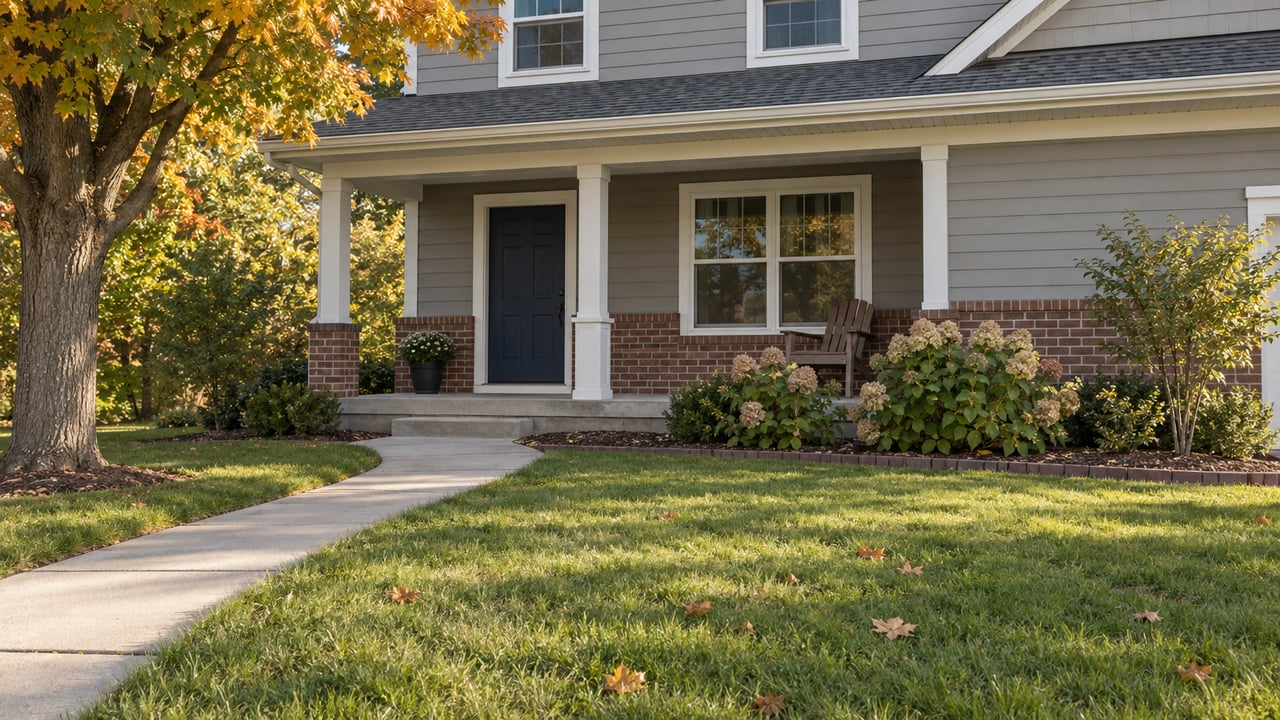 Early-autumn lawn and concrete walk leading to a covered porch on a gray-sided home with brick accents and a navy front door.