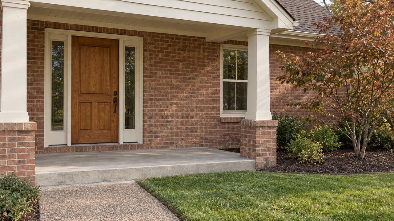 Brick home entrance with an oak door, cream porch trim, concrete step and an autumn dogwood beside the lawn.