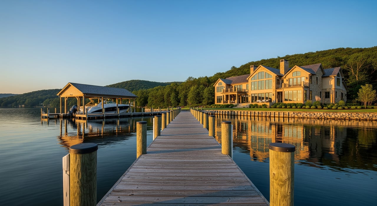Wooden dock leads to a lakeside house and covered boat slip, reflected in calm water.