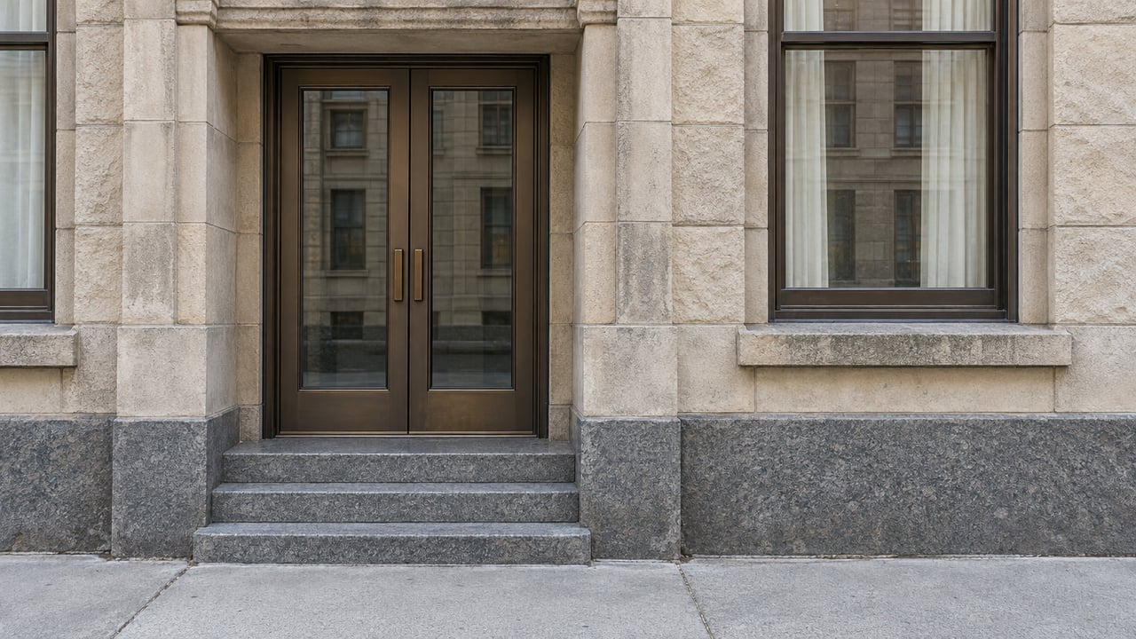 Limestone apartment entrance with paired bronze glass doors, granite steps and tall framed windows in soft autumn daylight.