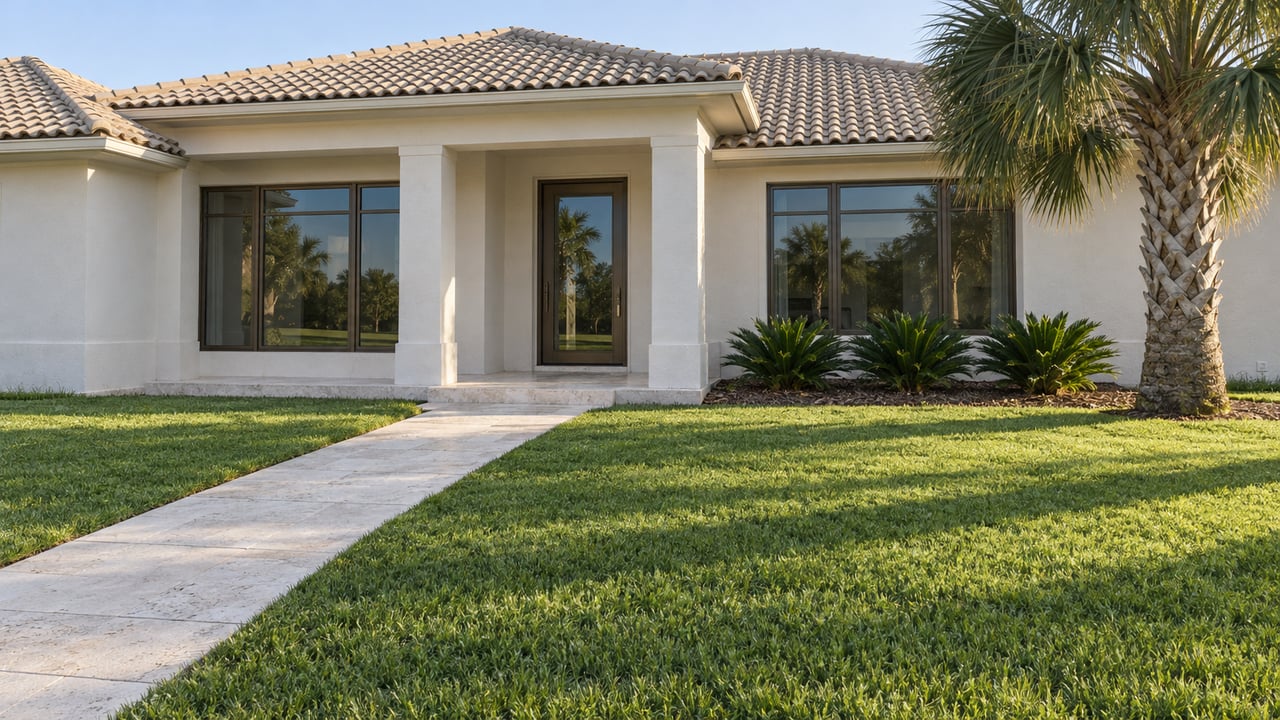 Light-stucco single-story home with a tiled hip roof, deep front lawn, limestone approach, and one mature palm in morning light.