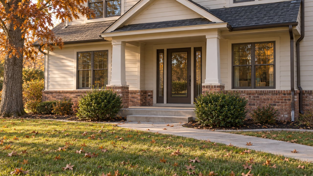 Two-story pale-sided house with brick foundation, covered entry, concrete walk, and sparse autumn leaves on the lawn.