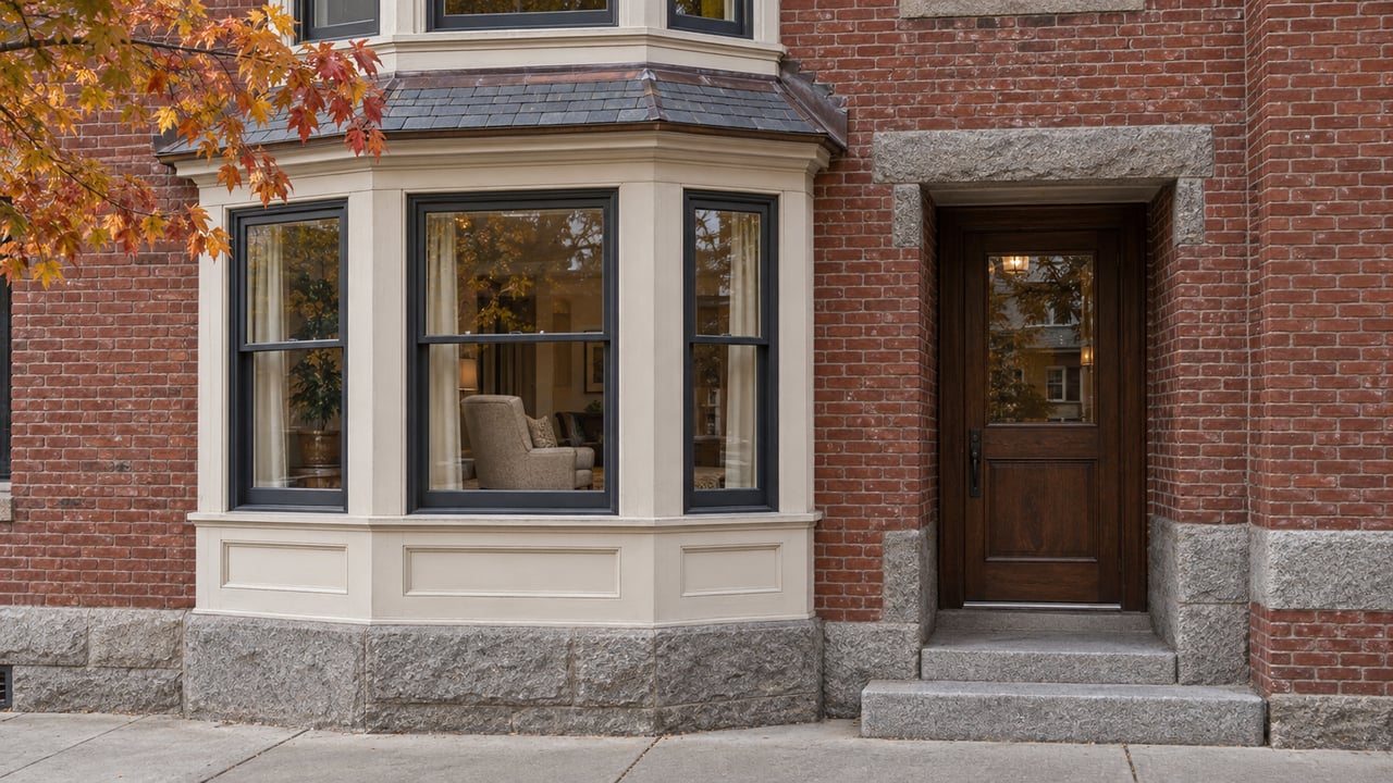 Red brick condominium facade with an ivory window bay, slate canopy, recessed oak entry, and worn granite steps beneath amber sugar maple leaves.