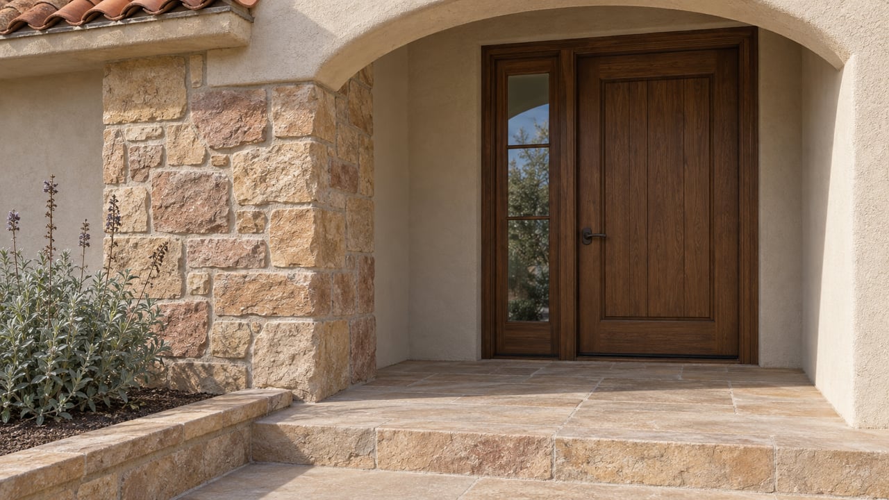 Pale stucco arched entry with a weathered oak door, warm sandstone landing and a Cleveland sage planting.