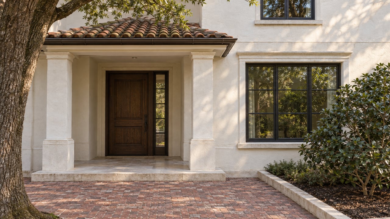 Ivory masonry home with a terracotta porch roof, dark oak entry door, limestone step, and weathered brick approach beneath a mature live oak.