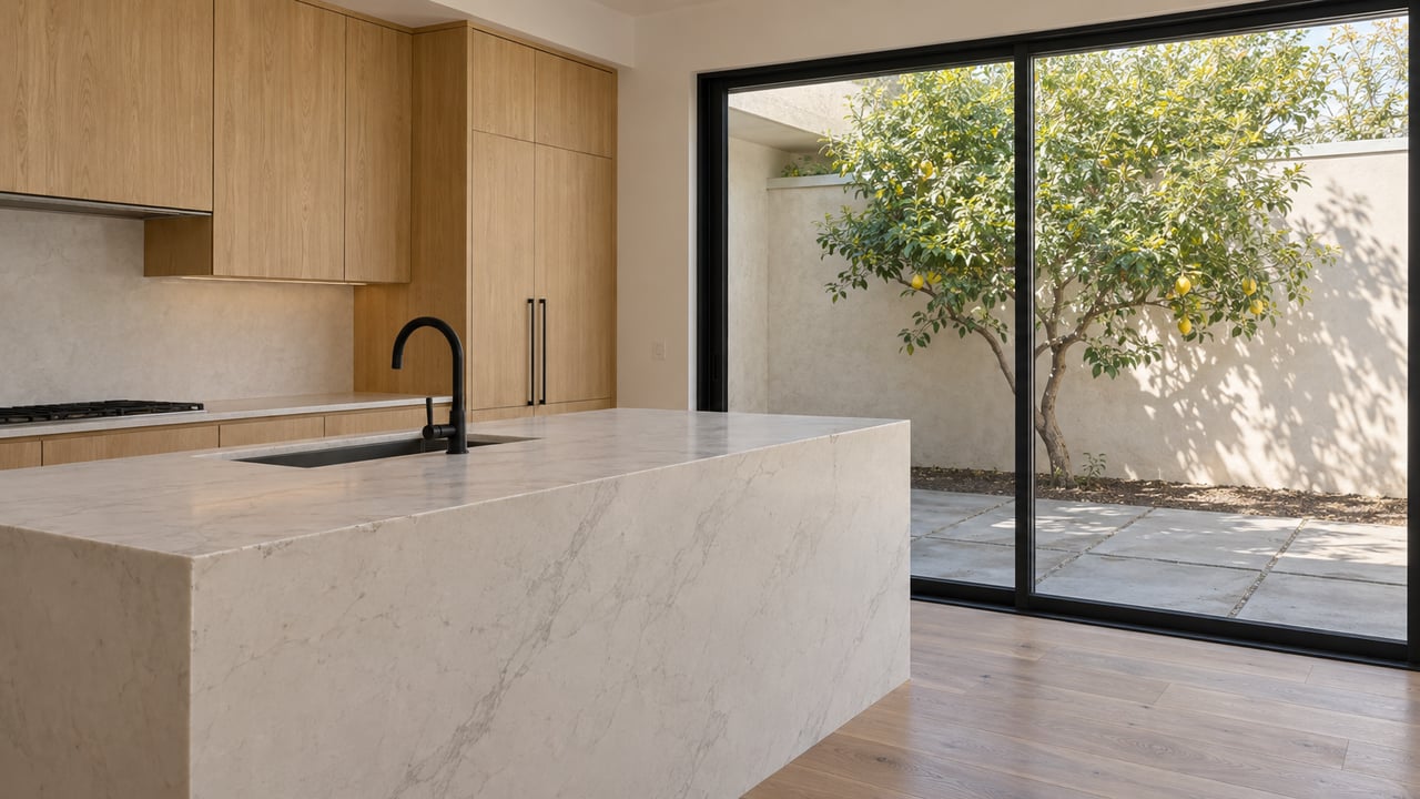 Kitchen island and oak cabinets beside a closed glass slider, with a lemon tree in the courtyard.