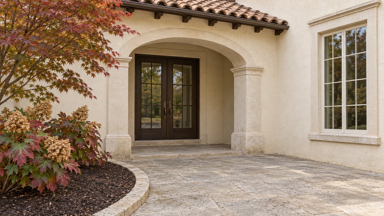 Cream stucco home with an arched covered entrance, oak-and-glass double doors, limestone approach and autumn oakleaf hydrangeas.