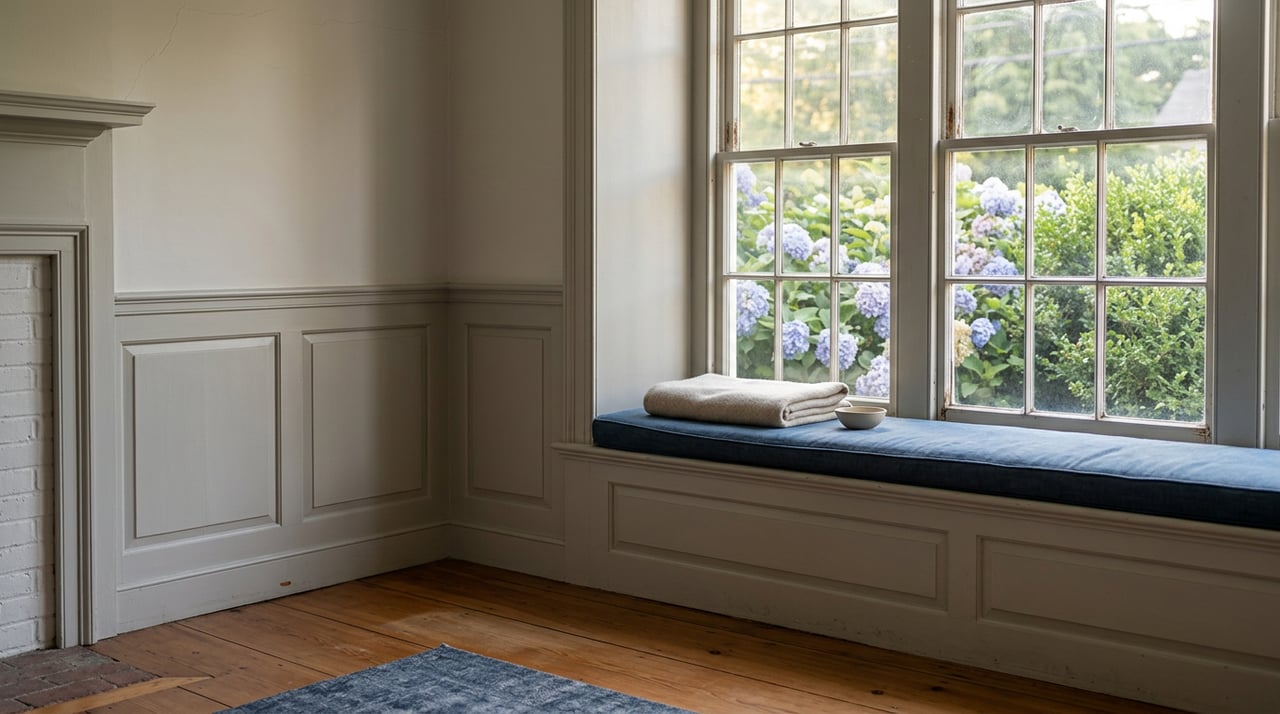 Historic parlor window seat with a folded oatmeal throw, ceramic bowl, and fading hydrangeas beyond the sash window.