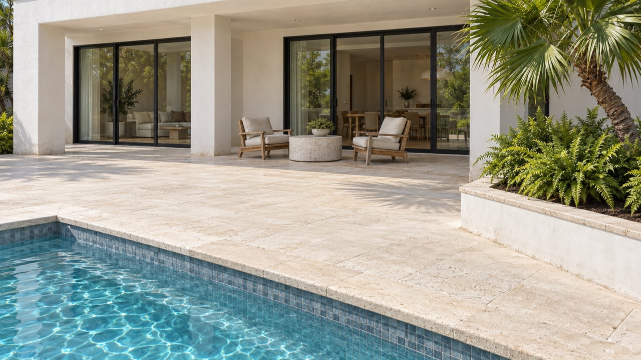 Sunlit white-stucco home with black-framed glass doors, a limestone pool terrace, teak seating and a sculptural fan palm.
