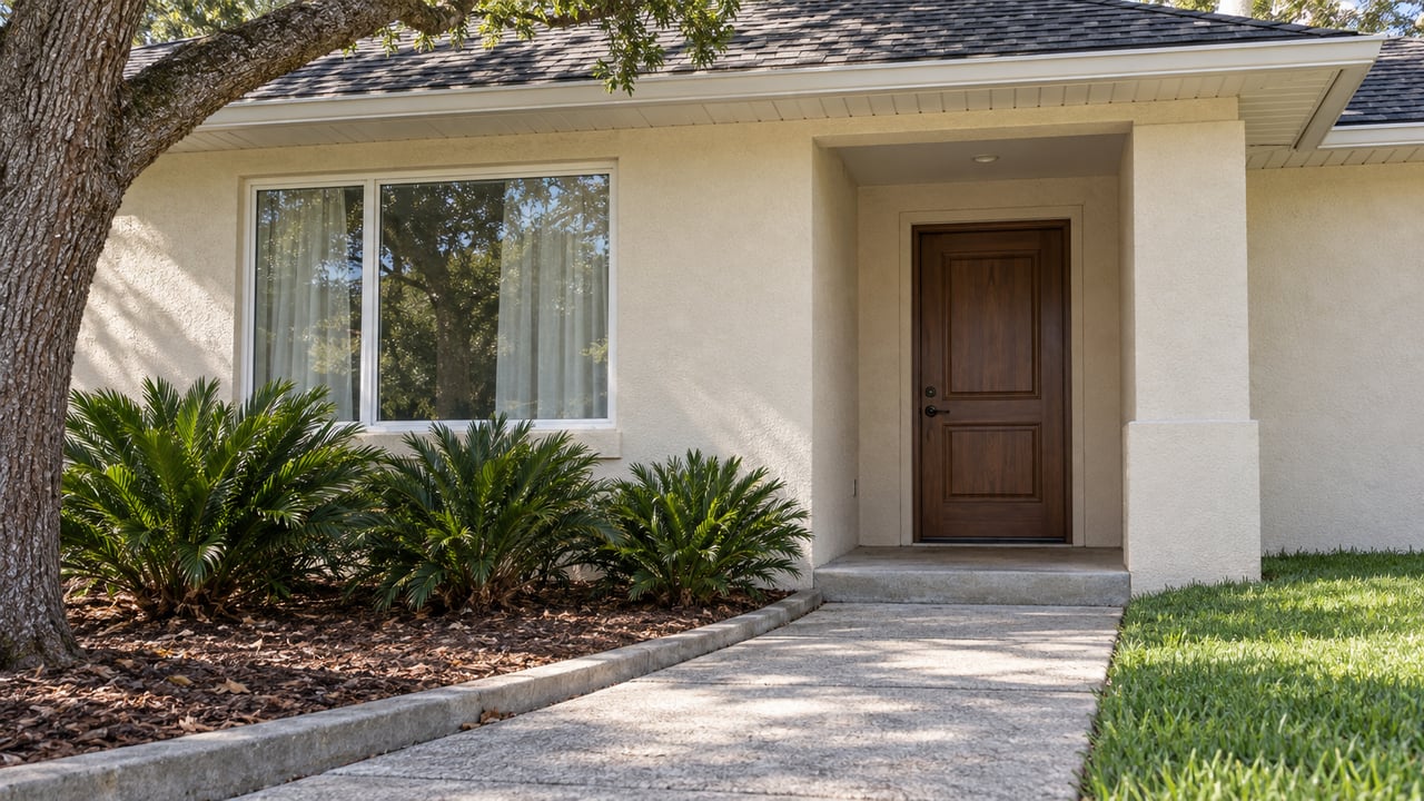 Sunlit pale-stucco home entry with a recessed wood-toned door, shaded window, coontie planting and a concrete approach beside green lawn.