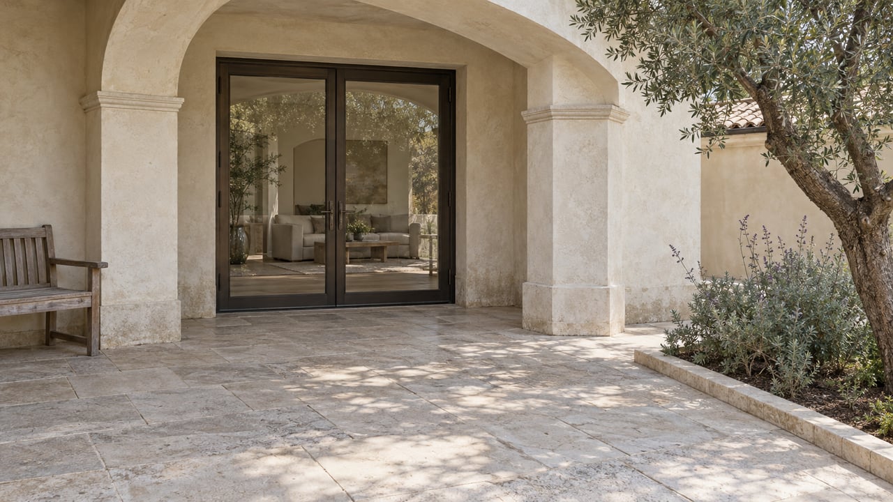 Sheltered limestone terrace with ivory stucco arches, paired bronze-framed glass doors, a weathered teak bench, and an olive tree in a curbed planting bed.