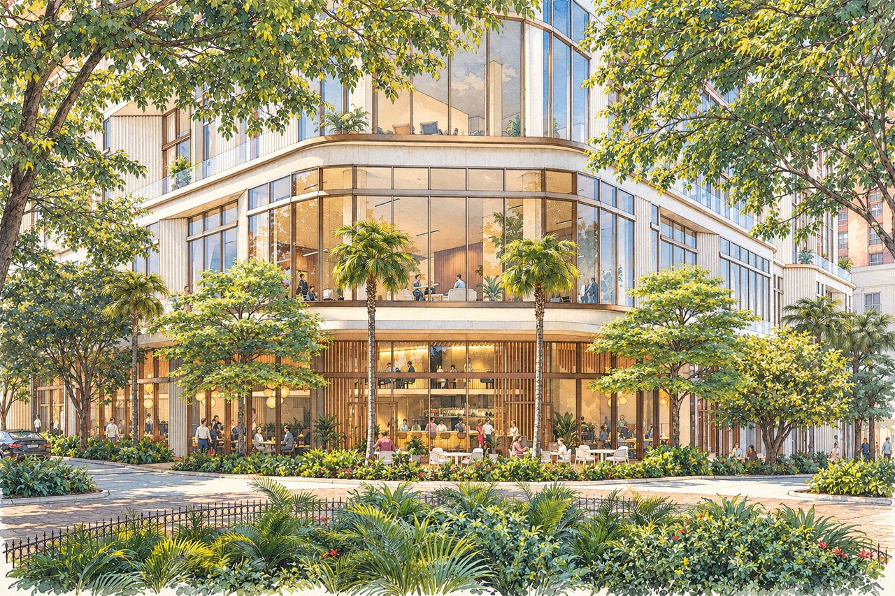Waldorf Astoria Residences Sarasota exterior with a glass facade, landscaped grounds, and dining terraces.