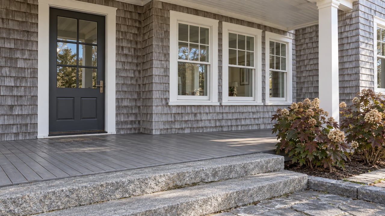 Weathered cedar-shingle entry with a charcoal glazed door, white-trimmed windows, gray porch boards, granite steps and two oakleaf hydrangeas.