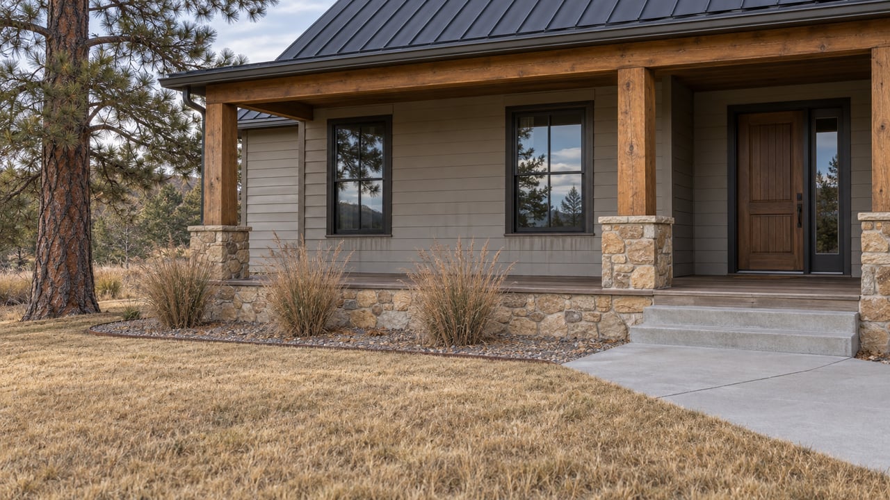 Autumn lawn and concrete approach leading to a timber porch with sandstone foundation, gray siding and a dark metal roof.