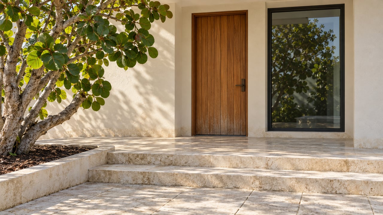 Cream-stucco home entrance with a teak door, dark-framed window, pale limestone steps, and a mature sea grape tree.