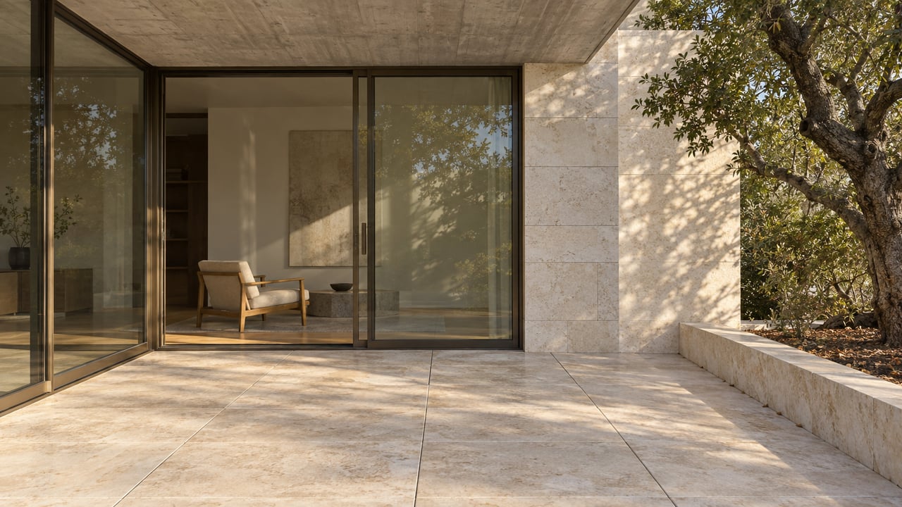 Modern home patio with broad stone paving, sliding glass doors, and a mature tree beside a low planter.
