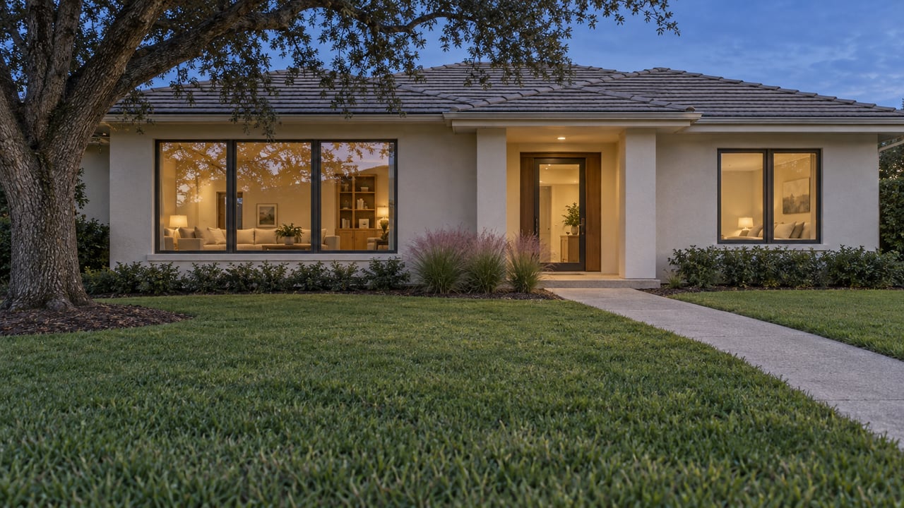 Blue-hour view across a broad lawn toward an ivory stucco home with warm windows, a low tiled roof and a spreading live oak.