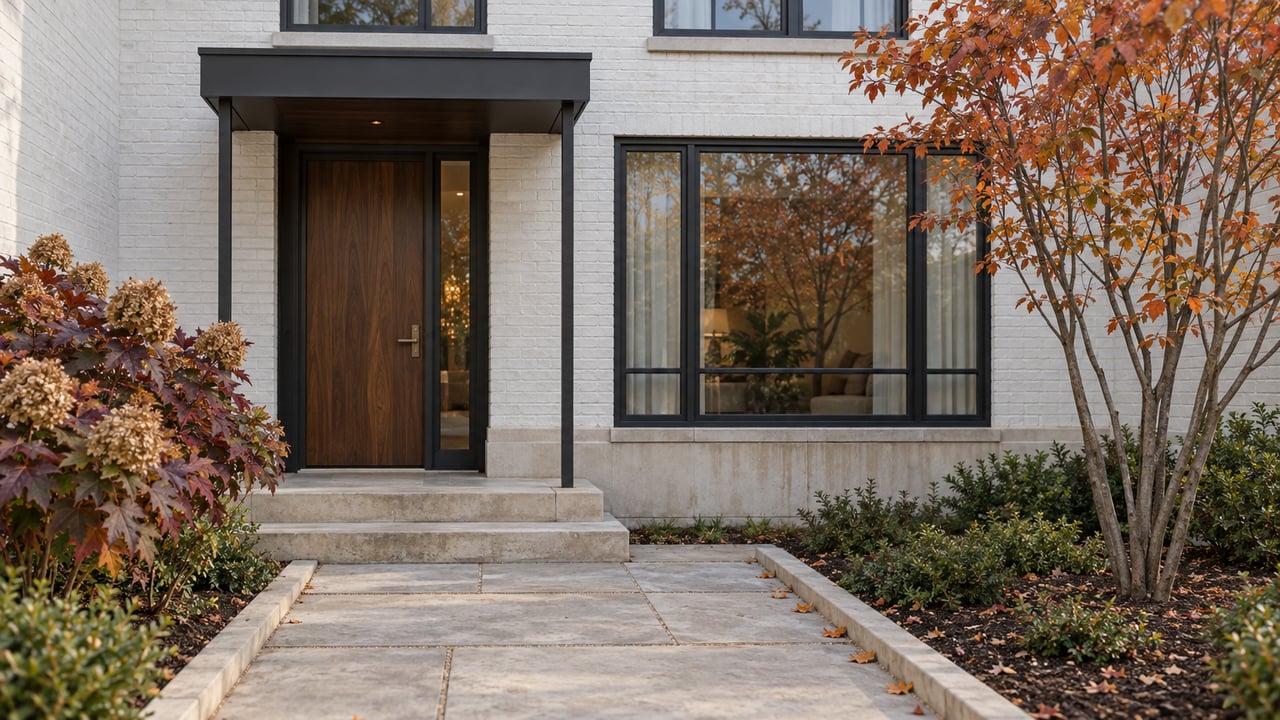 White-painted brick townhome entrance with walnut door, limestone approach and copper-leaved serviceberry in a compact planted forecourt.
