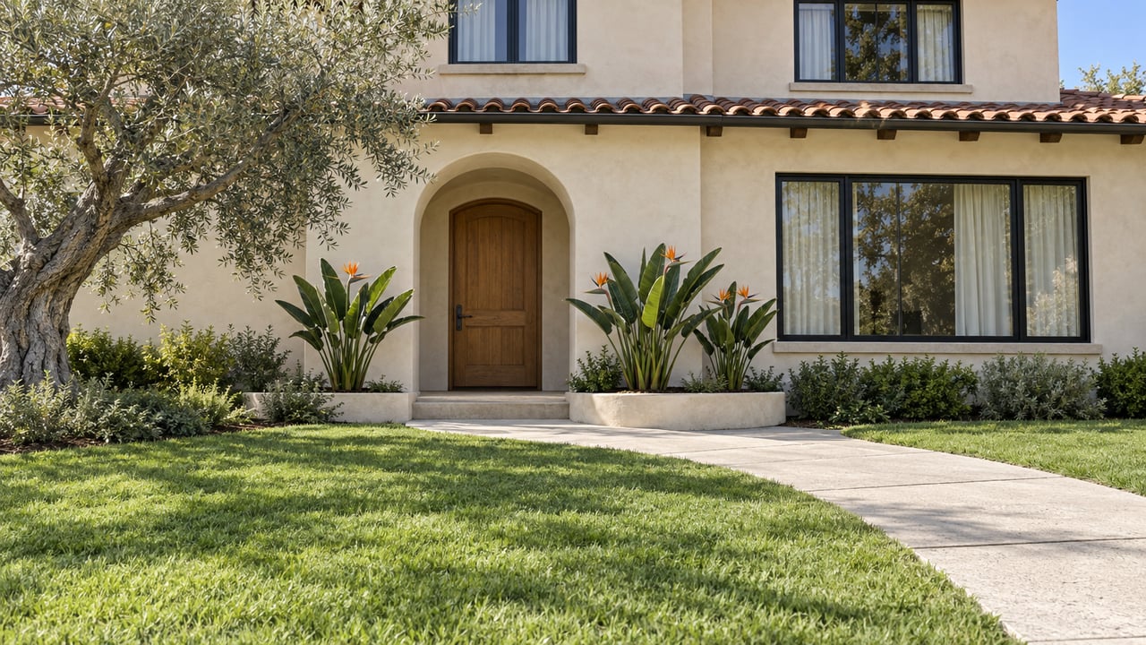 Cream stucco home with clay tile roof, arched oak entry and black-framed windows beyond a broad lawn and curved concrete approach.