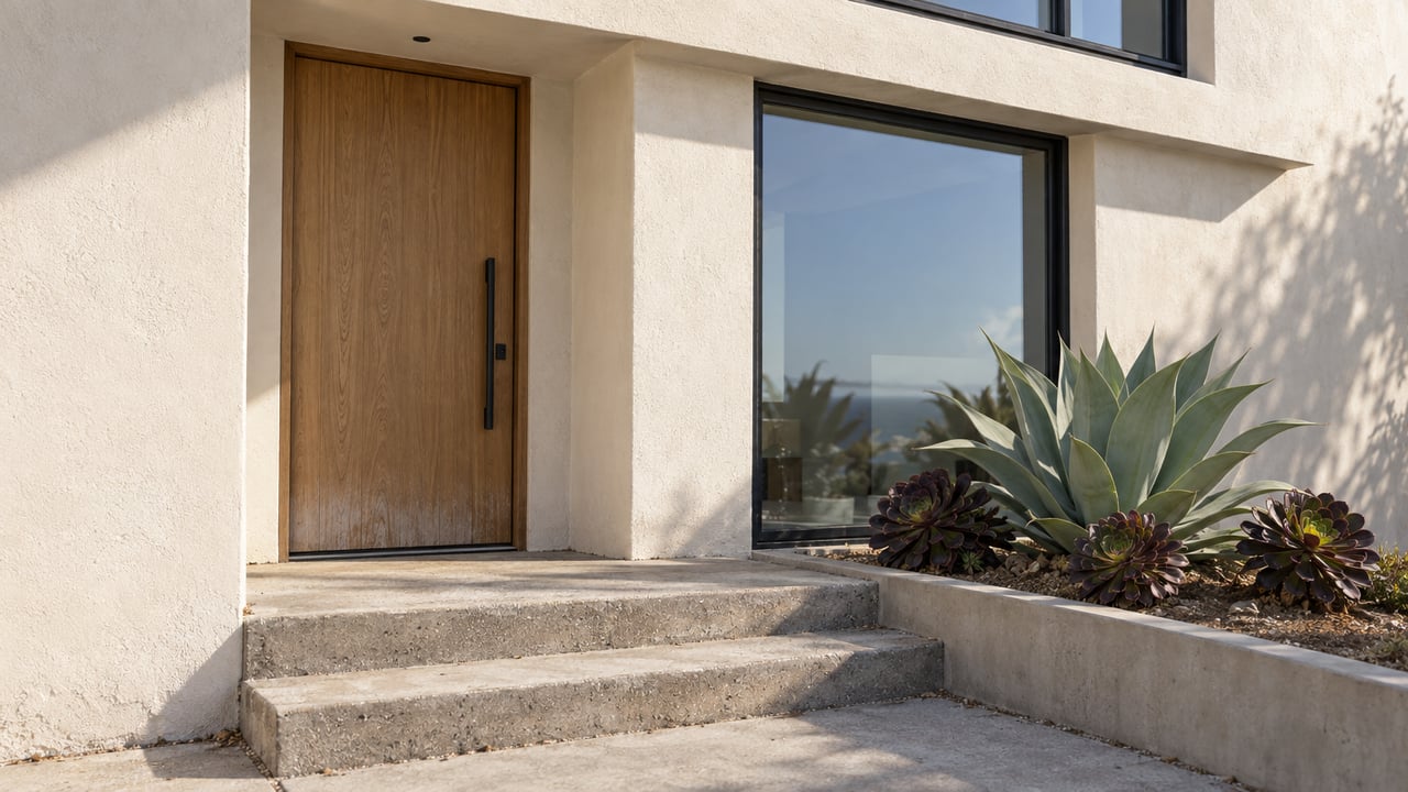 Coastal stucco entry with an oak door, black-framed window, concrete steps, and agaves in a raised planter.