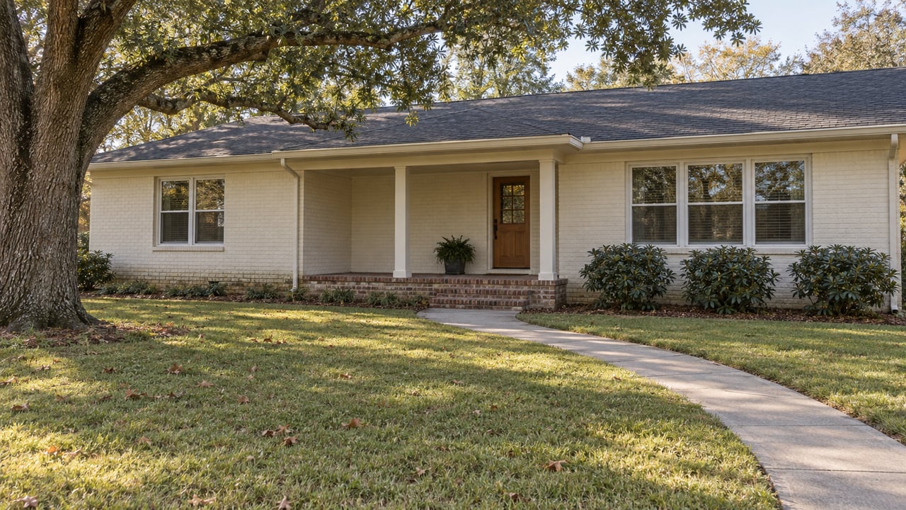 Ivory painted-brick ranch with a recessed front porch, deep lawn and spreading live oak in soft morning light.