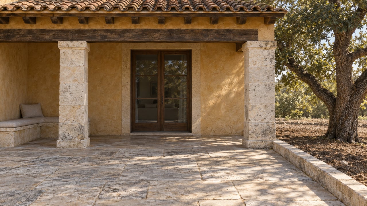 Ochre stucco estate loggia with limestone piers, an oak-framed glass door and a stone terrace beside a mature oak.