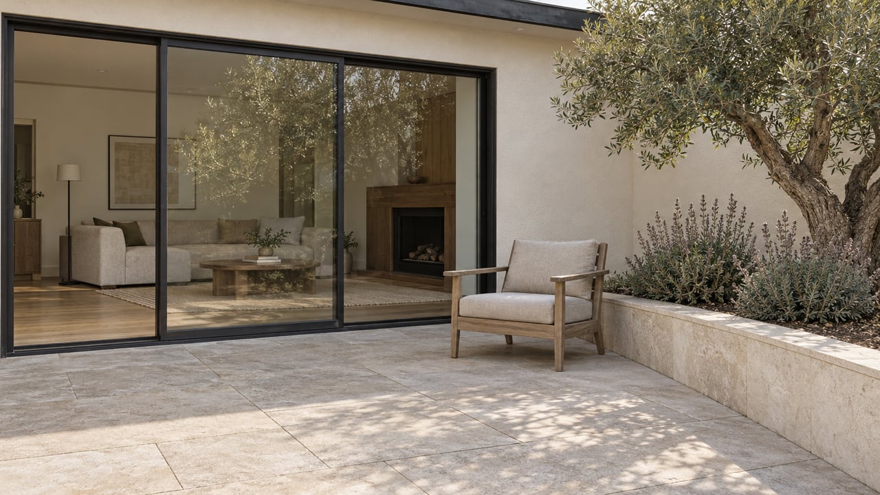 Sunlit limestone terrace beside a warm-white home with closed glass doors, a teak chair and a sculptural olive tree in a raised stone bed.