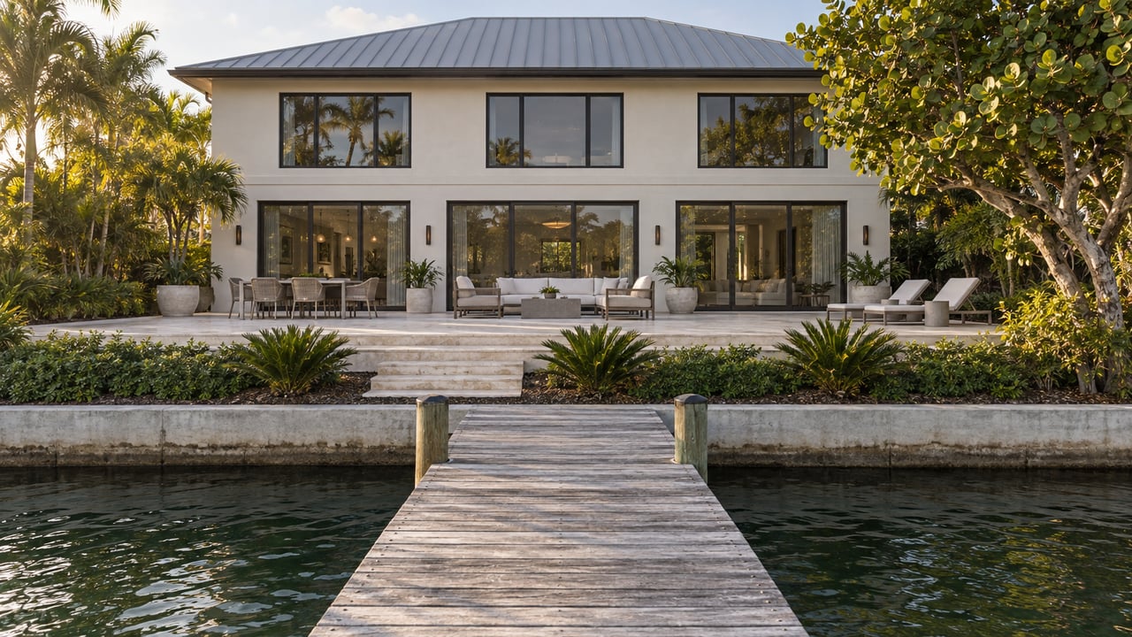 Silvered timber dock leads across canal water to a two-story stucco house and raised stone terrace.