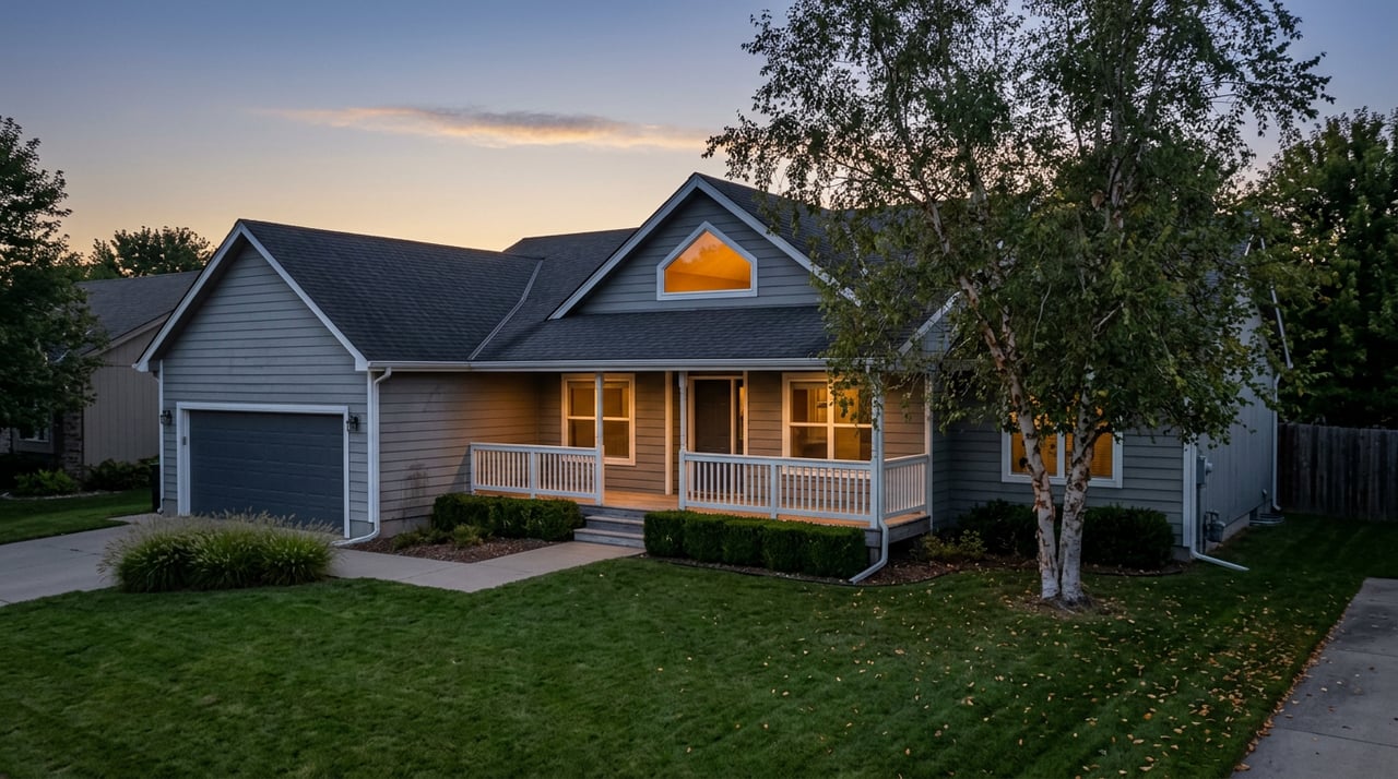 Gray suburban home with a glowing triangular gable window, white porch railing, and birch tree at blue hour.