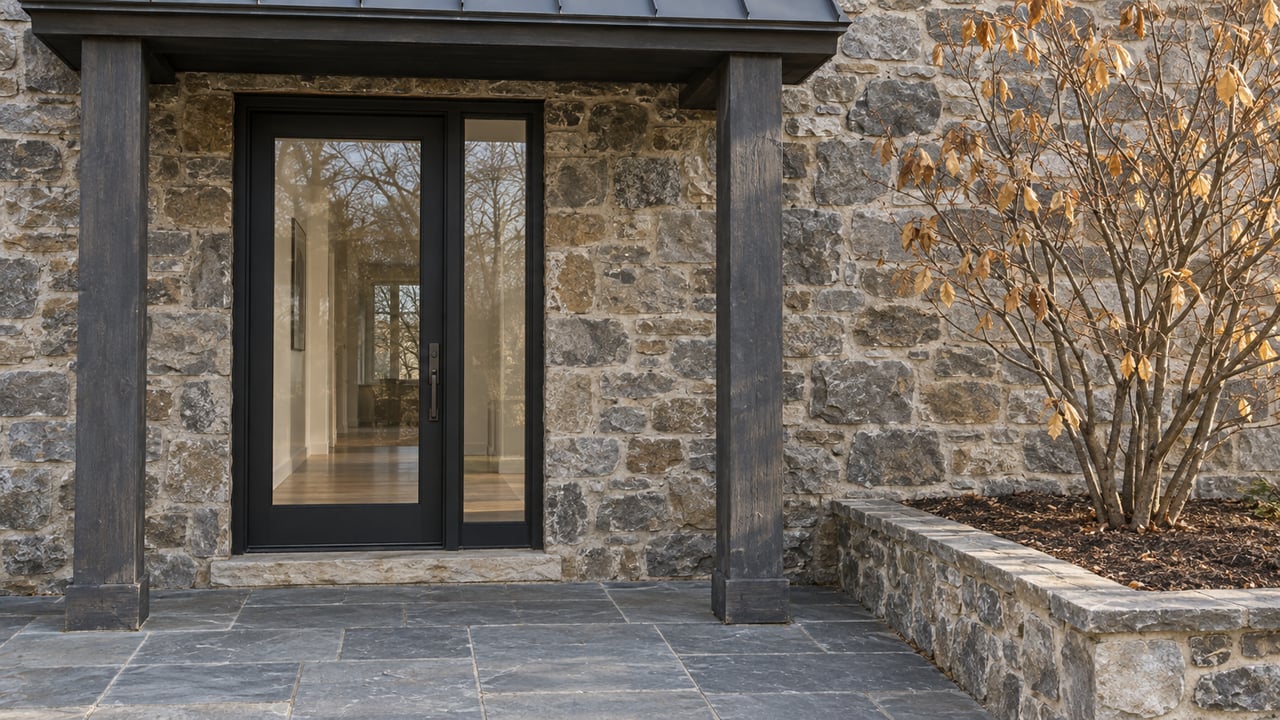 Winter light crosses a fieldstone entry with a charcoal canopy, glazed black door, slate terrace and bare witch hazel.
