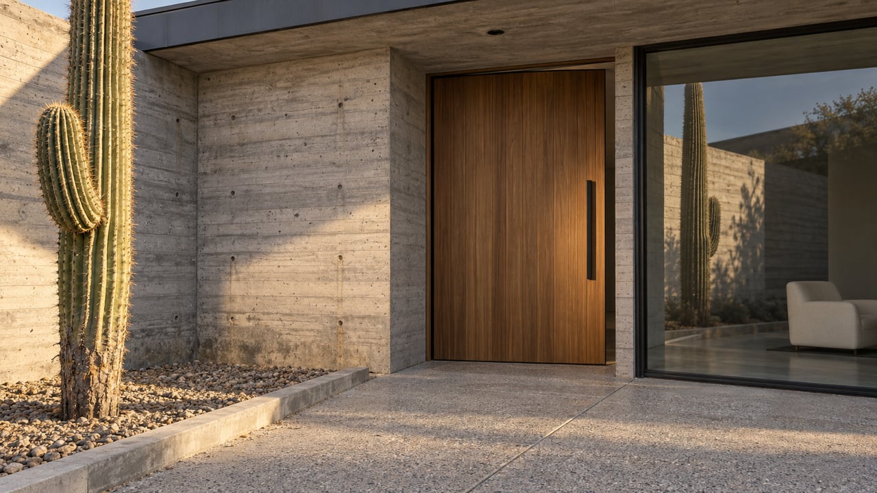 Sunlit concrete entry court with a warm wood door, dark framed window and mature two-armed cactus in a gravel bed.