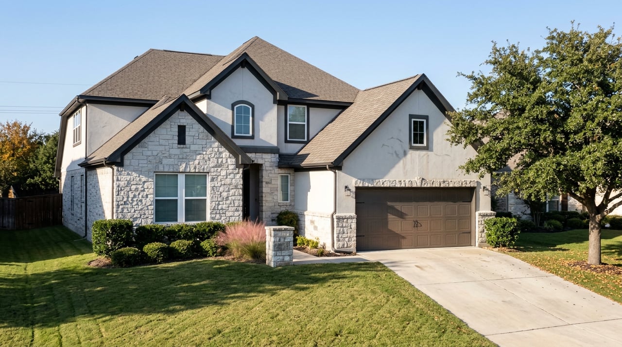 Two-story stone-and-stucco home with intersecting gables, a broad lawn, diagonal driveway, and spreading oak tree.