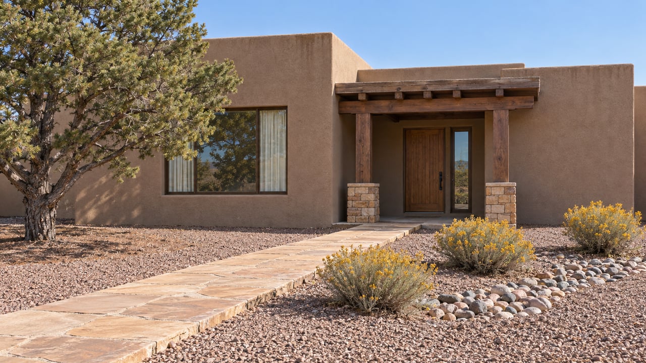 Warm stucco home with a timber-covered entry, sandstone approach, sculptural pinon pine and golden flowering shrubs in a gravel garden.
