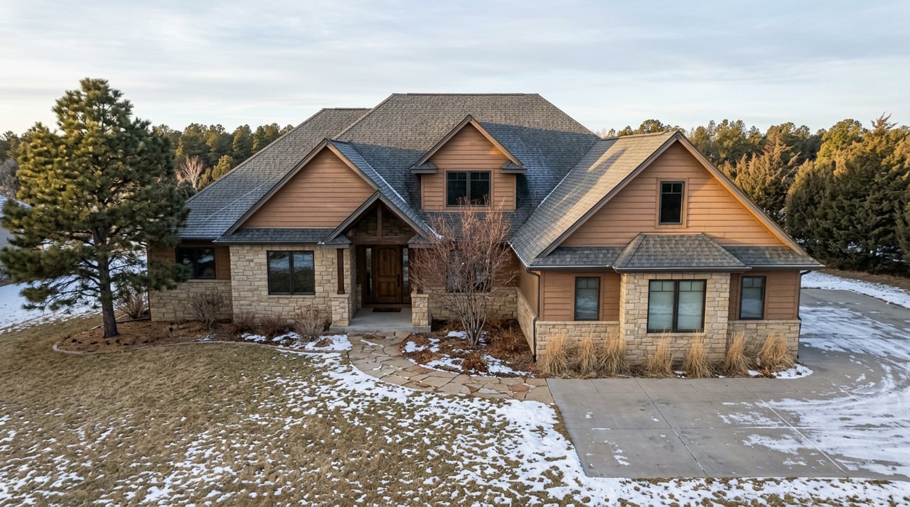 Detached foothill home with steep gabled roof, stone-and-siding facade, and patchy snow across the lawn.