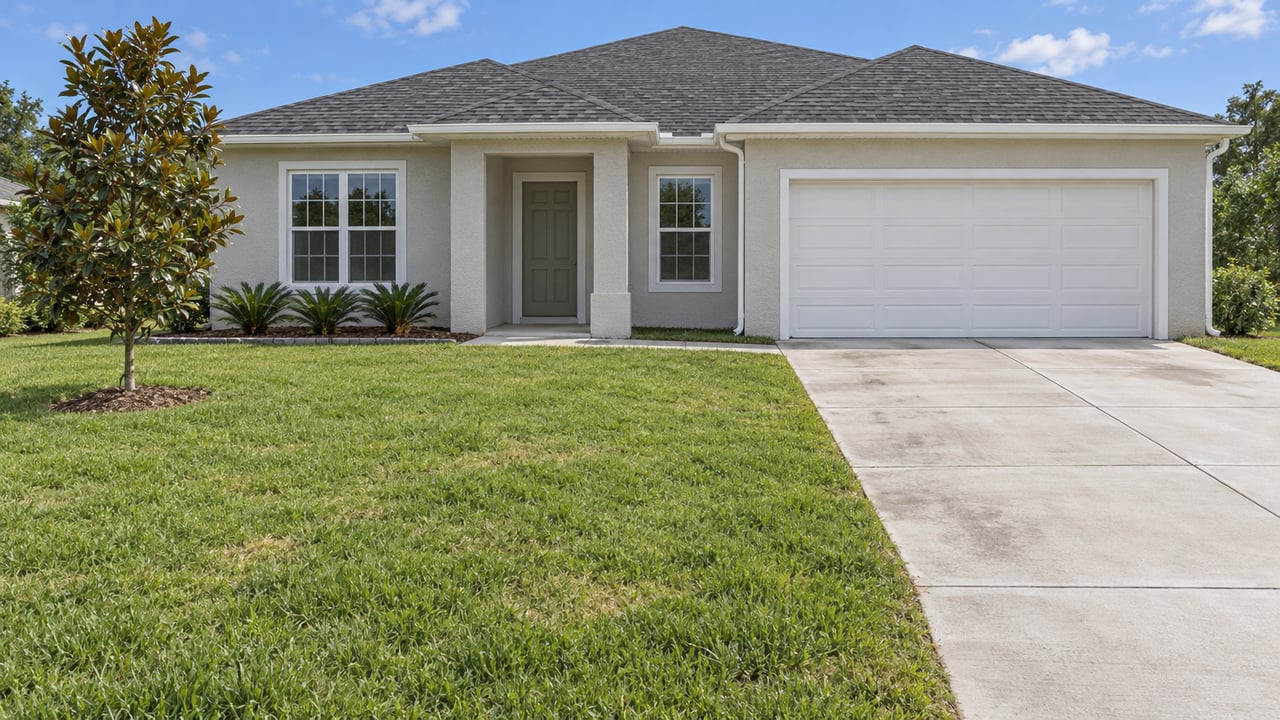 A pale stucco single-story home behind a deep lawn, with a concrete driveway, sage entry door and young magnolia tree.