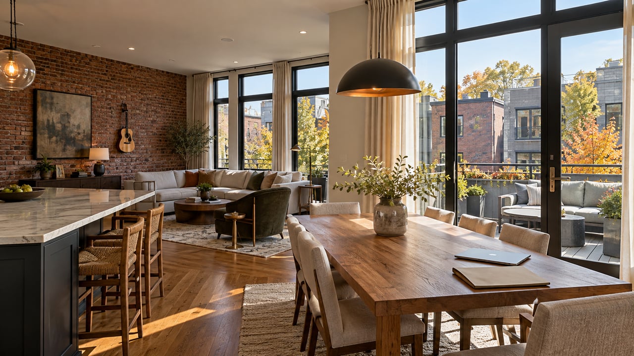 Illustrated Nashville-style townhome dining room with oak table, brick wall and terrace in autumn light.