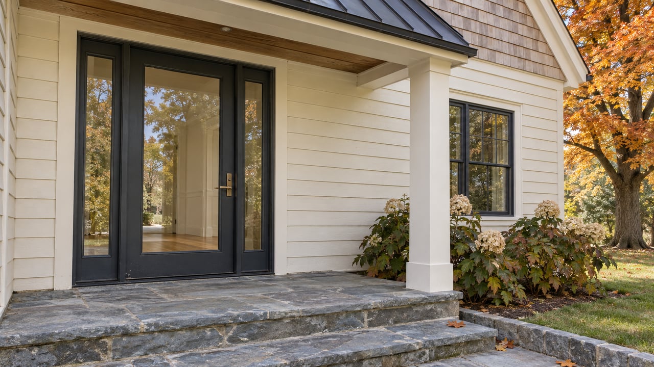 Ivory wood-sided home with a charcoal glazed entry, limestone porch steps, and autumn maple foliage.