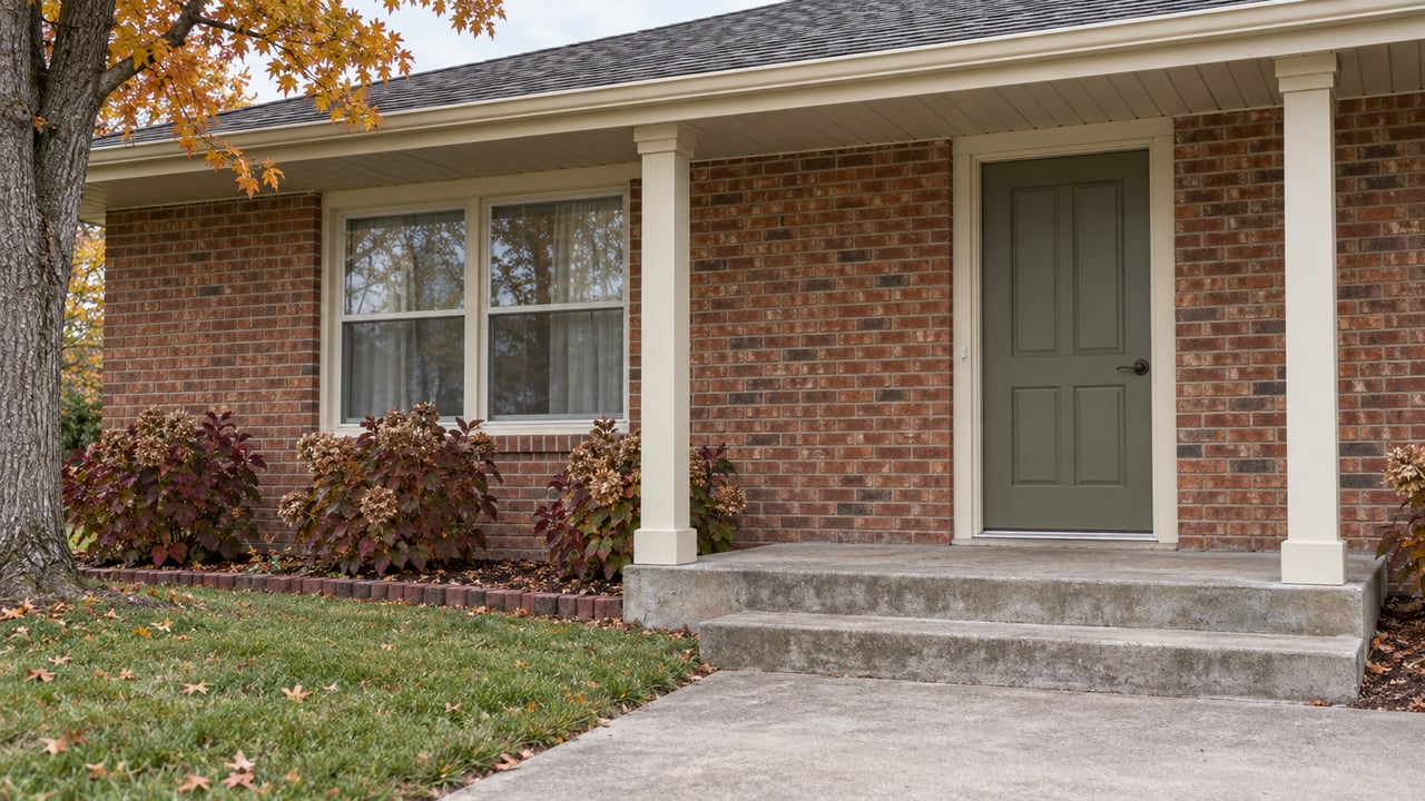 Brick house entrance with a covered porch, gray-green door, concrete steps, and autumn foliage.