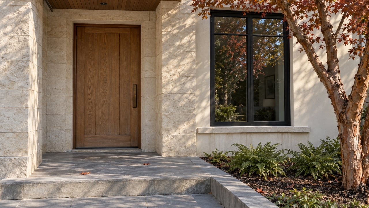 Autumn morning light crosses a limestone entry, oak front door, dark-framed window and bluestone landing beside a paperbark maple.